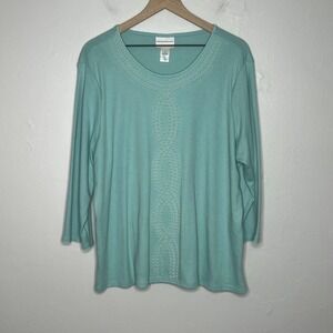 Alfred Dunner Womens Knit Top 1X Aqua Blue Pearl Twist 3/4 Sleeve Easter Office